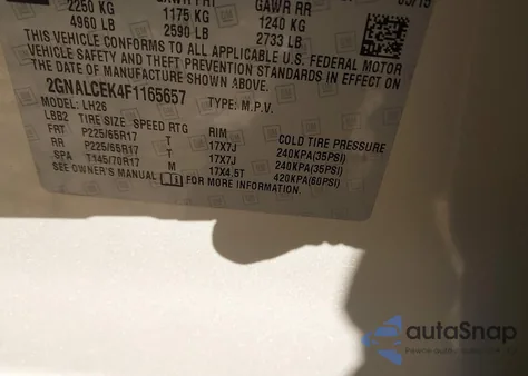 2015 Chevrolet Equinox 2Lt z USA, uszkodzony, nr VIN 2GNALCEK4F1165657